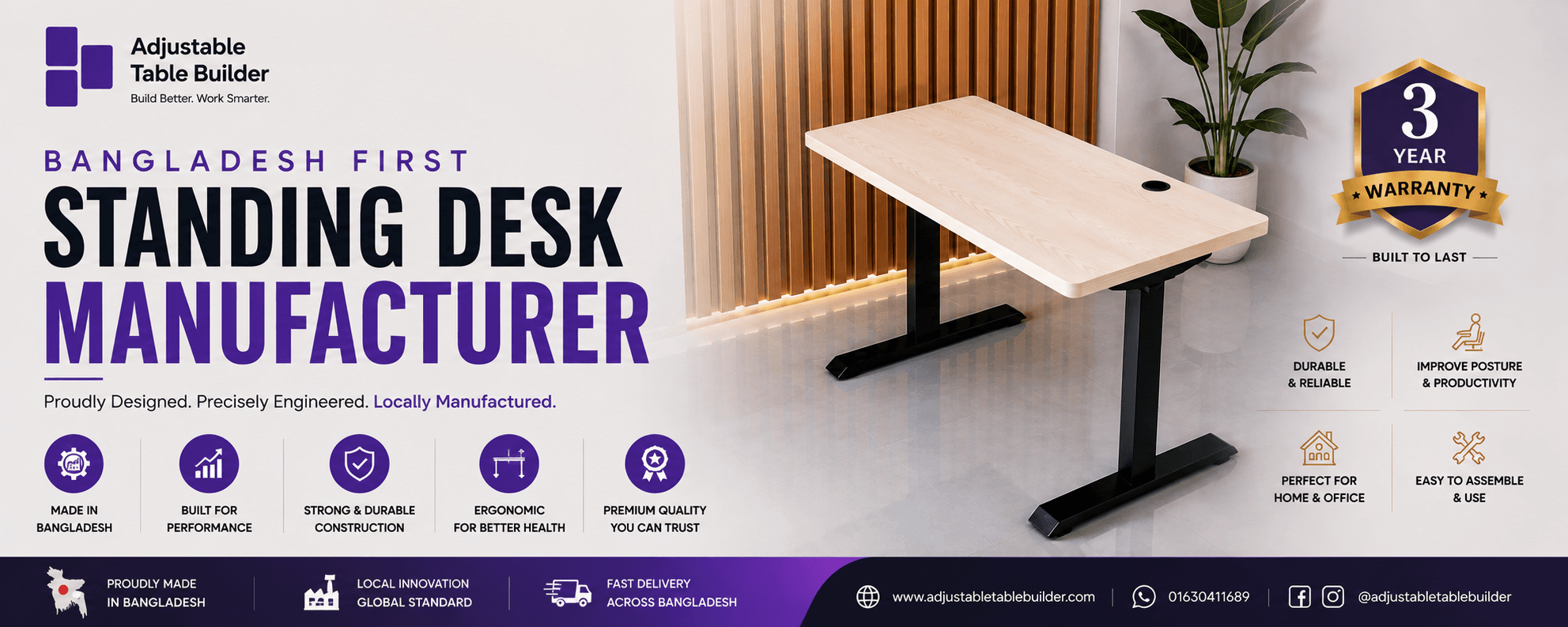 Manual Adjustable Table — Simple. Strong. Adjustable. 3 year warranty.